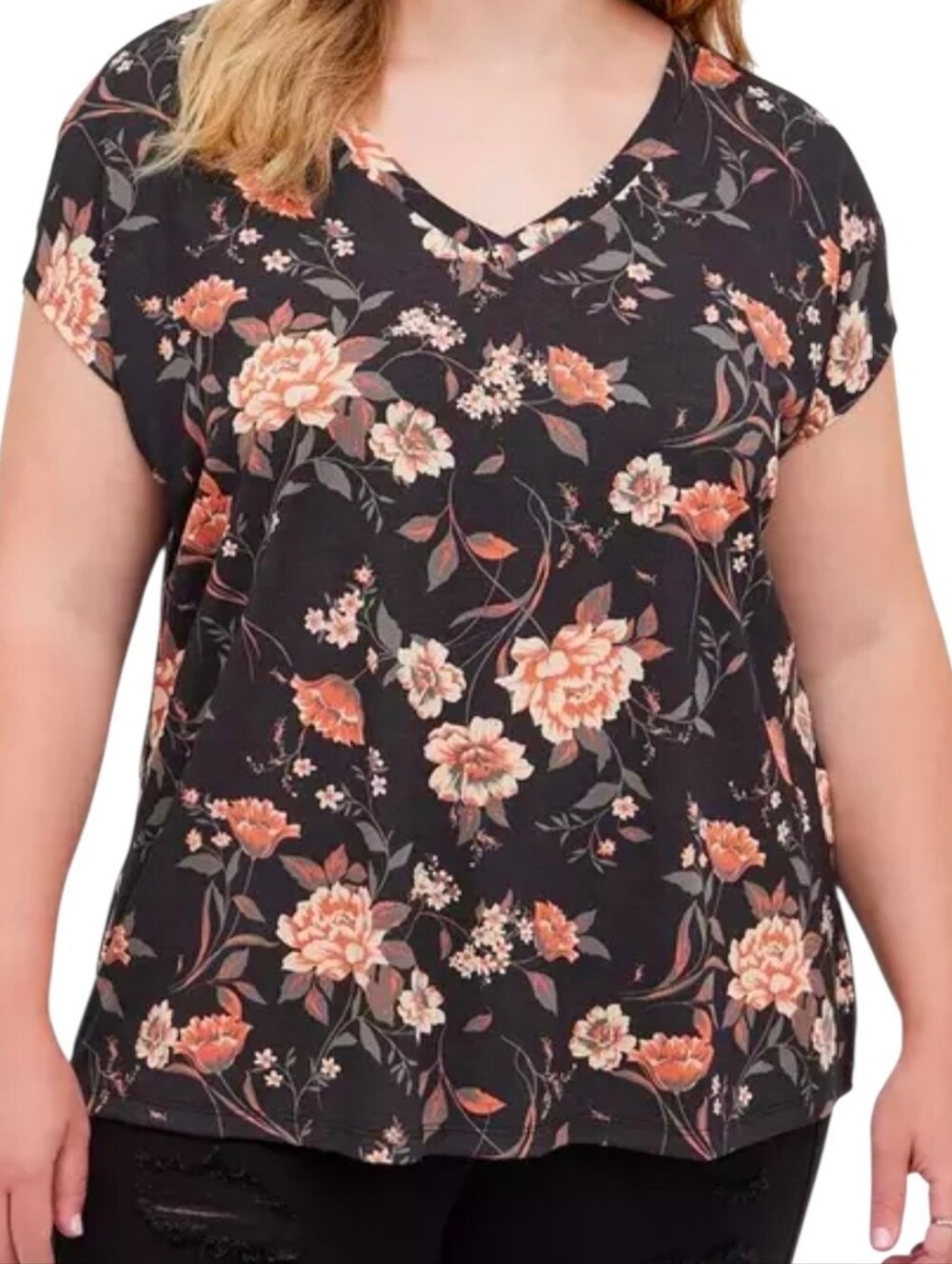 Torrid Knit Cupro Dolman Tee V-neck Short Sleeves Floral Print Black 3X